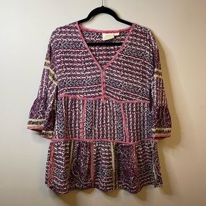 Anthropologie Maeve Lilyana Tiered Silk Blouse Floral Boho Vacation Beach